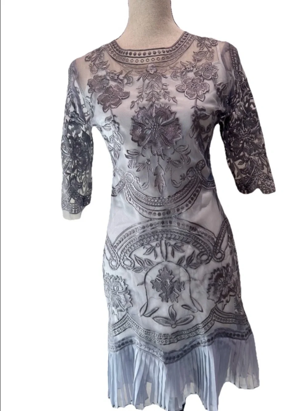 Silver Floral Embroidered Sheer Midi Dress satin Slip Sz S Ruffled Hem Wedding